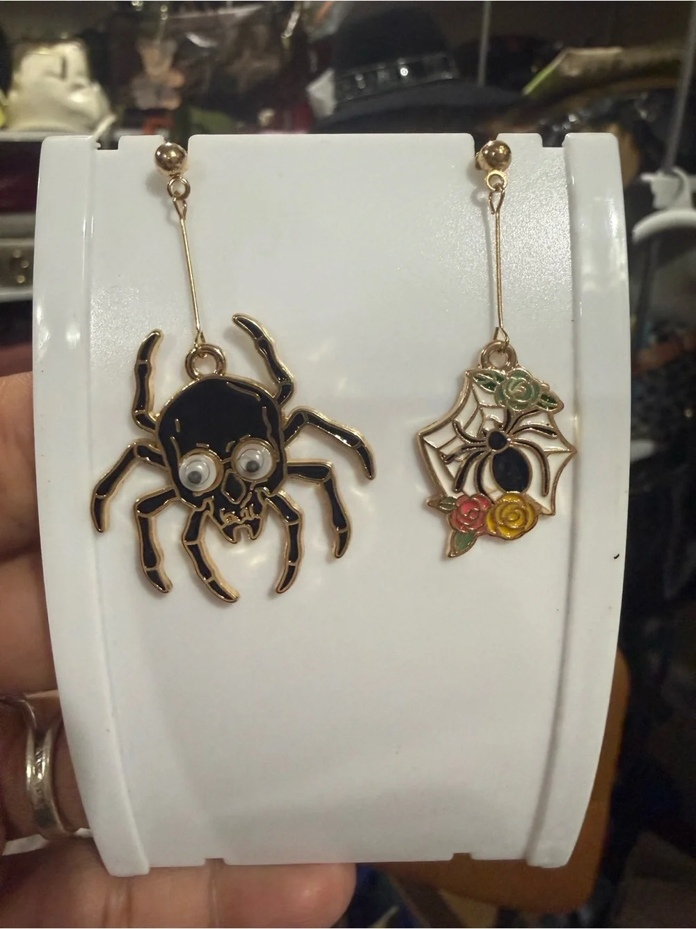 Earrings in Gold and Black Spider Dangle with Floral Web Accent also in silver